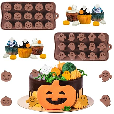 Halloween Silicone Stampo per Cioccolatini a Forma di Teschio,2 Pcs Zucca Fantasma in Silicone Stampi per Muffin,15 Cavità Stampo da Forno per Torte,Biscotti,Gommosi,Decorazione di Halloween