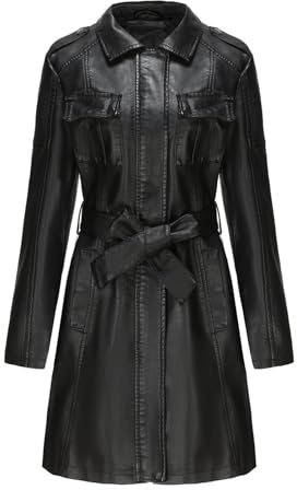 QLXYYFC Comfortable Soft Warm Women's Leather Jacket Classic Long Windbreaker Autumn Winter Coat with Loose Belt Zipper Cuffs
