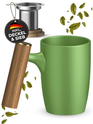 KERA® Taza de té con tapa y colador para Infusiones, tamaño XXL, jumbo, 450 ml, cerámica, mate, mango de madera, colador de acero inoxidable (verde oliva)