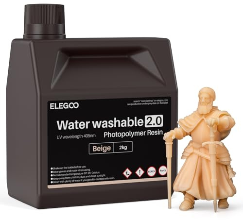 ELEGOO Upgraded Wasser Waschbares 3D Drucker Resin 2.0, Schnell Aushärtendes Photopolymerharz für LCD DLP SLA Resin Drucker, 395-405nm UV-Aushärtung 3D-Druckflüssigkeit, Beige 2000g