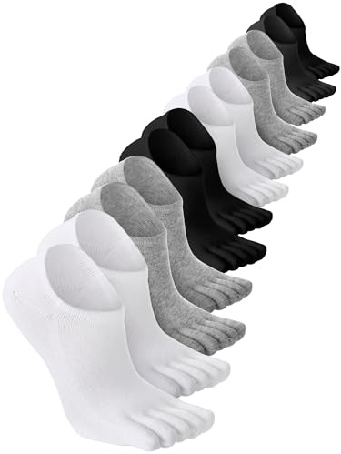 Bencailor 6 Pairs Women Toe Socks Cotton Ankle No Show Low Cut Socks with Toes for Women Men Running Athletic (Black,White,Gray,5-8)