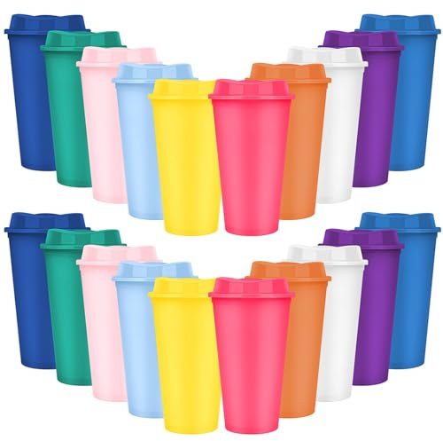 Kaxtde 20 Pack Reusable Coffee Cups with Lids, 480 ml Plastic Travel Cups Bulk, to Go Iced Coffee Mugs for Hot and Cold Drinks (10 Colours)
