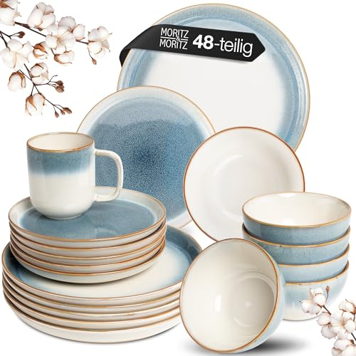 Moritz & Moritz Steingut Geschirrset 12 Personen - Tarento 48-tlg. - Teller Set aus Steingut - Geschirr Set aus 12x Dinnerteller, 12x Dessertteller, 12x Suppenteller & 12x Tassen