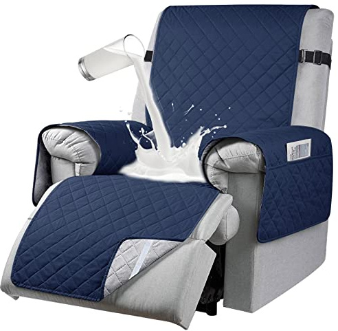 RAPRAP Copertura Impermeabile del sofà del reclinabile di 100%, Copertura reclinabile Antiscivolo della Sedia di 3 posti con Le Cinghie Elastiche per i Cani,Navy Blue,1 Seater