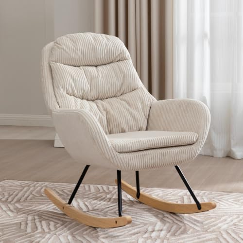 okwish Moderner Schaukelstuhl Wohnzimmer, Cord, Beige, 74 x 94 x 96 cm | Schaukelsessel Wohnzimmer, Moderner Relaxsessel, Holzbeine, für Wohnzimmer, Schlafzimmer, Balkon