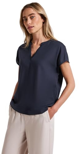 STREET ONE Damen A345728 Split Neck Bluse in Unifarbe, Deep Blue, 40
