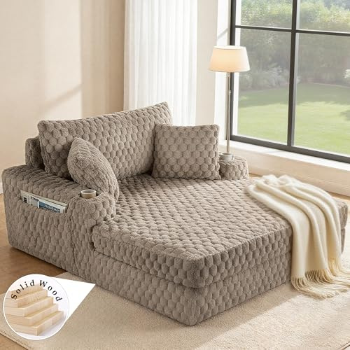 leovanni Oversized Chaise Lounge Chair Indoor, New Upgraded Wood Frame Sleeper Sofa Bed with Cup Holders and Large Backrest Upholstered Couch Reading Chair for Living Room, Light Brown