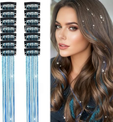 Kit de 12 Mechones Clip-in con Tinsel Brillante - Extensiones de Cabello para Fiesta (Azul Cielo, 20 Pulgadas)