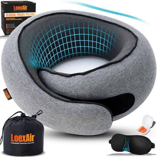 LOEXAIR® Nackenkissen Flugzeug, Reisekissen für Flugzeug, Auto - 100% Baumwolle & Memory-Schaum Nackenhörnchen, Leicht & einfach mitzunehmen, komplettes Reiseset (Schlafmaske, Ohrstöpsel) - Hellgrau