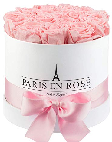 PARIS EN ROSE Rosenbox | mit 14 rosa Infinity Rosen Größe XL | konservierte ewige Rose | weiße Box mit Schleife | 3 Jahre haltbar | Grußkarte