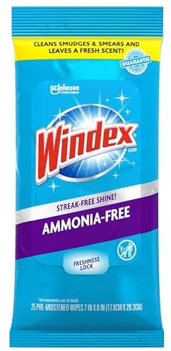 Windex Lot de 25 lingettes nettoyantes pour vitres sans ammoniaque, lingettes pré-humidifiées pour nettoyer toutes les surfaces en verre, parfum frais de pluie cristalline