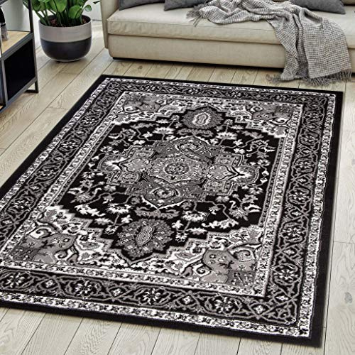 Carpeto Teppich Flur 140x200cm Schwarz Anthrazit Klassisch Traditionell | Teppich für Eingangsbereich Küche Büro Wohnzimmer Schlafzimmer Weich Pflegeleicht Fußbodenheizungsgeeignet Kurzflor Dekorativ