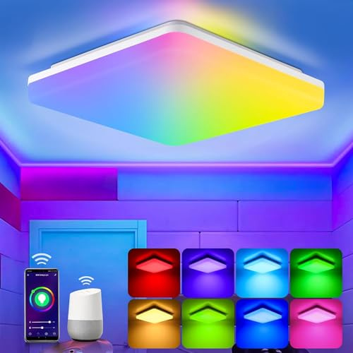 LED Deckenleuchte Alexa, Smart Deckenlampe Dimmbar RGB, 18W 1800LM WIFI Lampe, IP54 Wohnzimmerlampe Schlafzimmerlampe Kinderzimmerlampe, kompatibel mit Alexa App Google Home, 2700K-6500K, 22 * 22cm
