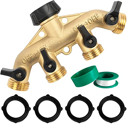 Hourleey Brass 4 Way Heavy Duty Garden Hose Splitter, Water Hose Splitter for 3/4 Hose Connector, Hose Faucet Splitter Hose Spigot Adapter 4 Valves with 4 Rubber Washers & Tape