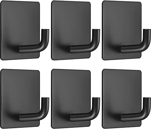 6 Pièces Crochets Adhesif Mural, Crochet Porte Manteau Acier Inox Sans Perçage, Accroche Porte Serviette Patere Murale pour Salle de Bain Cuisine - Noir