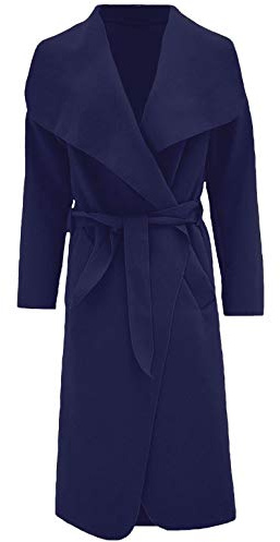 FAIRY TRENDZ LTD Womens Ladies Italian Trench Long Coat Waterfall Duster Cape Belted Cardigan Winter Wear Jacket Wrap Coat Navy UK 20-22