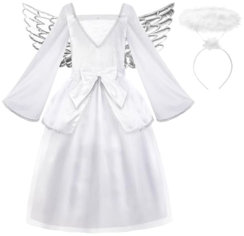ReliBeauty Disfraz Angel Niña Angelito con Diadema Ala de Ángel y Halo Navideño Carnaval 8-9 años, 130