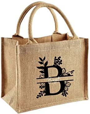minimutz Jute-Tasche mit floralem Monogramm und Namen bedruckt | Kleine Geschenk-Tasche personalisiert zu Muttertag und Geburtstag | Mama Oma Geschenk Freunde M (30 x 30 x 19 cm)