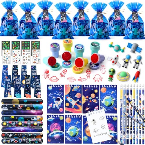 vamei Weltraum Mitgebsel Kindergeburstag Schreibwaren Set mit Notizbuch Stifte Radiergummi Lesezeichen Stempel Schnapparmband Tattoos Geschenktüten Astronaut Party Give Aways Kleine Geschenke Junge