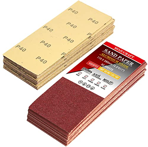 Mojucraft 50 Blatt Schleifpapier, 115 x 280 mm für Holz und Metall (40/80/120/220 Körnung) – vorgeschnitten für Handschleifer