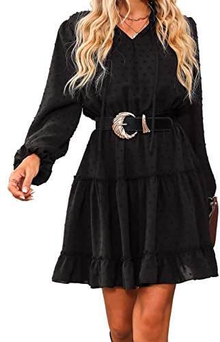 CUPSHE Vestido casual para mujer con volantes y cordón de manga larga, cuello en V sin cinturón, holgado para fiestas y cócteles, mini vestido línea A, Negro, XL
