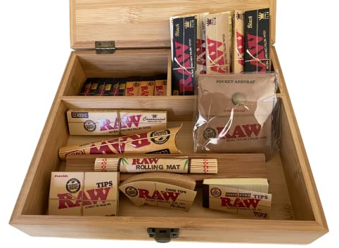 RAW Gift Set in SPARKYS XL Wooden Rolling Stash Box - Papers - Tips - Mat - Cone