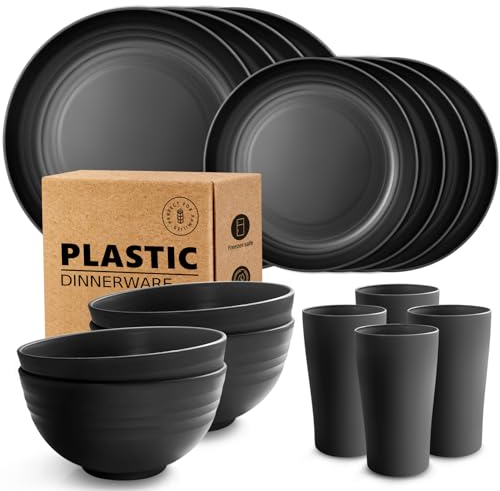 Teivio 16-Piece Kitchen Plastic Dinner Set, Service for 4, Dinner Plates, Dessert Plates, Cereal Bowls, Cups, Unbreakable Plastic Plates and Bowls Set, Outdoor Camping Dishes, Black