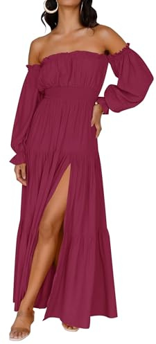 ZESICA Women's Boho Off Shoulder Spring Long Sleeve Dress 2026 High Waist Side Split Sexy Flowy A Line Long Maxi Dresses Fuchsia Small