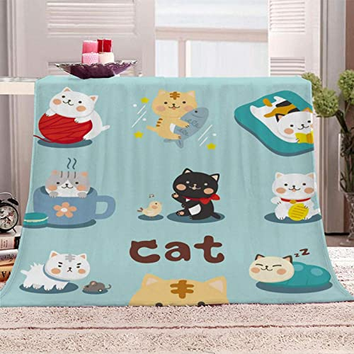 SJSXWQN Kuscheldecke Blaue Comic-Katze Kuscheldecke Flauschig für Couch und Bett Weich Warme Mikrofaser Wohndecke Fleecedecke als Tagesdecke Sofadecke Couchdecke - 150x200 cm