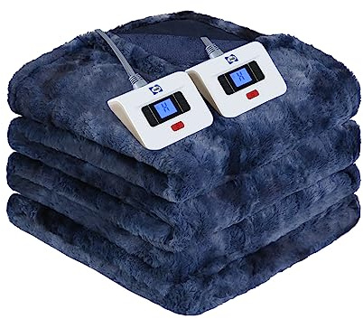 Sealy Electric Heated Blanket Queen Size, Faux Fur & Flannel Fast Heating Blanket with 10 Heat Setting & 1-12 Hour Auto Shut Off, Machine Washable, Navy Blue, 84 x 90 Inch