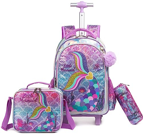HTgroce Trolley ryggsäck med hjul, pennfodral, lunchväska 3-i-1 lätt rullande skolväskor för flickor, skolväskor trolley set, Lila sjöjungfrur, Ryggsäck