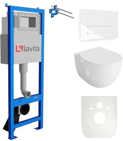 Lavita LAV 101 Vorwandelement für WC 40cm + Wand Hänge Tiefspül WC MONDO Weiß Spülrandlos + Bedienplatte LAV 200.3.1 Weiß | Komplettset | Unterputz Spülkasten | Toilette Komplett Sett
