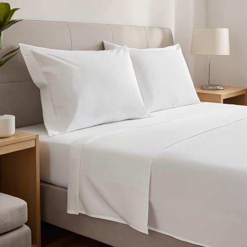 gobedreams Juego de Sábanas 4 Piezas 180x190/200. Sábanas de Cama de Poliéster Microfibra cepillada. Sábana Plana, Sabana Bajera Ajustable y 2 Fundas de Almohada. Color Blanco