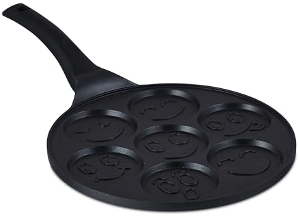 Relaxdays Poêle à Pancakes souriants, 7 emplacements, diamètre de 8 cm chacun, pour plaques à Induction, Aluminium, Noir