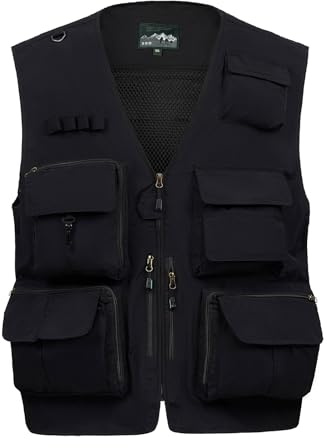 AOTORR Mens Outdoor Safari Cargo Photo Travel Work Fishing Vests for Men Multi-pockets Black M