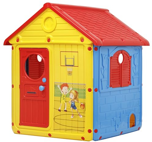 Baroni Toys Kinder-Gartenhaus, Kunststoff-Gartenhaus mit Türen und Fenstern zum Öffnen, niedliche Details, geeignet für Kinder ab 2 Jahren, 122x104x110 cm, gelb, rot und blau
