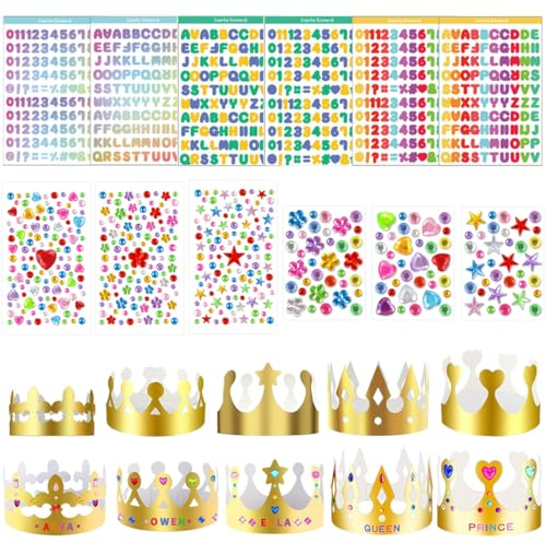 22 Pièces Ensemble de Fête,10 Pièces Chapeaux de Couronne + 12 Autocollants Strass/Alphanumériques pour Enfants et Adultes lors d'Anniversaires et Fêtes.