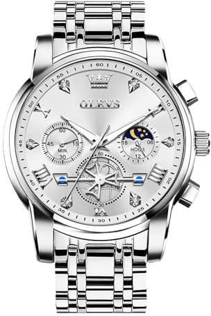 OLEVS Großes Analog Herrenuhren Metallarmband Quarz Edelstahl Herren Armbanduhr mit Mondphase Leuchtende Chronograph Wasserdicht Uhr Geschenke für Männer