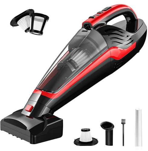 Powools Pet Hair Handheld Vacuum, Car Vacuum Cleaner Cordless Rechargeable, Hand Vacuum with Reusable Filter and Motorized Brush for Carpet, Couch & Stairs, Red, 16.0 X 5.0 X 6.6