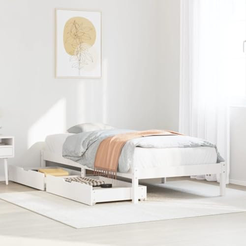 Homgoday Massivholzbett mit Schubladen Stauraumbett Bettrahmen Holzbett Schubladenbett Doppelbett Einzelbett Jugendbett Bettgestell für Schlafzimmer Weiß 90x200 cm Kiefernholz