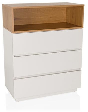 hjh LIVING Kommode mit 3 Schubladen, 1 offenes Fach MELMO K 80x40x100cm Highboard Schrank im skandinavischen Stil, griffloses Design, Weiß/Eiche