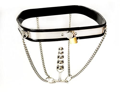 Edelstahl Silikon Keuschheitsgürtel Frau, Damen Keuschheitskäfig Bondage Höschen mit 5 Perlen Analplug/Vaginalplug Chastity Belt Extrem Sex Privacy Spiel für Frauen,Silber,80/90cm
