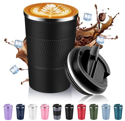 Volhoply 380ml 13oz Stainless Steel Insulated Travel Coffee Mug with Fip Lid,Reusable Double Wall Vacuum Metal Coffee Cup,Portable to Go Leak Proof Cafe Tumbler for Hot & Cold Drinks(Black,1)
