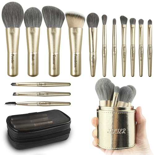 Meet You Travel Mini Pinselset Makeup, 14 Stück Premium Synthetik Make up Pinsel Set, Makeup Pinsel in Reisegröße und Kosmetiktasche, Perfekt für Reisen & unterwegs, Holzgriff, 100% Veganer