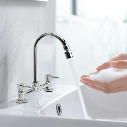 Kitchen Sink Mixer Taps, 2 Hole Kitchen Faucet with 2 Function Aerator, Bridge Mixer Tap, Dual Lever Hot and Cold Water Faucet for Bathroom, 360° Swivel Spout