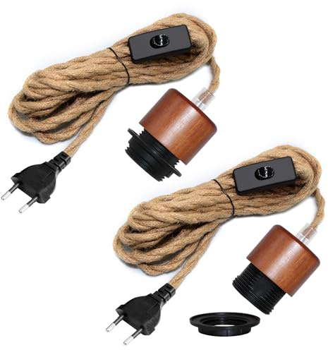 WPQIUZS 2 Stück Hängelampe mit Stecker, 500CM Kabel Hanfseil Lampe, Lampenfassung E26/E27 mit Schalter, Industrial Lampenkabel Pendelleuchte mit Stecker, DIY Kreativität Hängeleuchte Steckdose