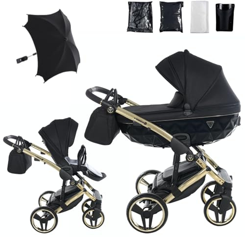 Junama Kinderwagen Diamond S 02 Schwarz und Golden - 2in1 3in1 4in1 mit Sonnenschirm (2 in 1)