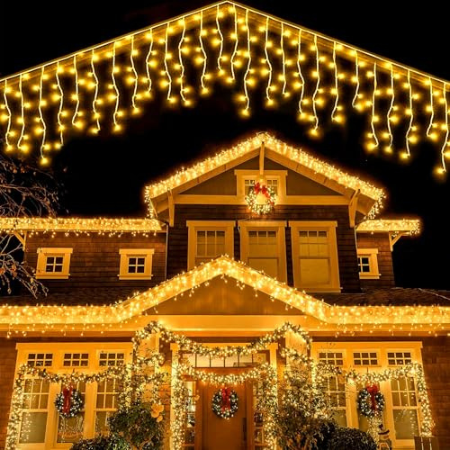WoskjXas Solar Eisregen Lichterkette Außen 10M 336 LEDs Eiszapfen Lichterkette Wasserdichte Vorhang Lichter mit 8 Modi Timer Fernbedienung, Außen Eiszapfen Weihnachtsbeleuchtung [warm weiß]