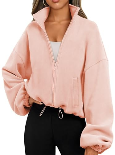Famulily Damen Drawstring Saum Langarm Crop Sweatshirt Tops Full Zip Fleece Kurze Jacke mit Taschen S bis XL
