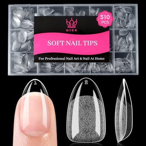 QIEK 510 Stück 15 Größen Nail Tips für Gelnägel Kurze Mandel | Soft Gel Nageltips Full Cover, Pre-Shaped Press On Nails, Kein Feilen Erforderlich, Fake Nagel Tips für Home DIY Nageldesign